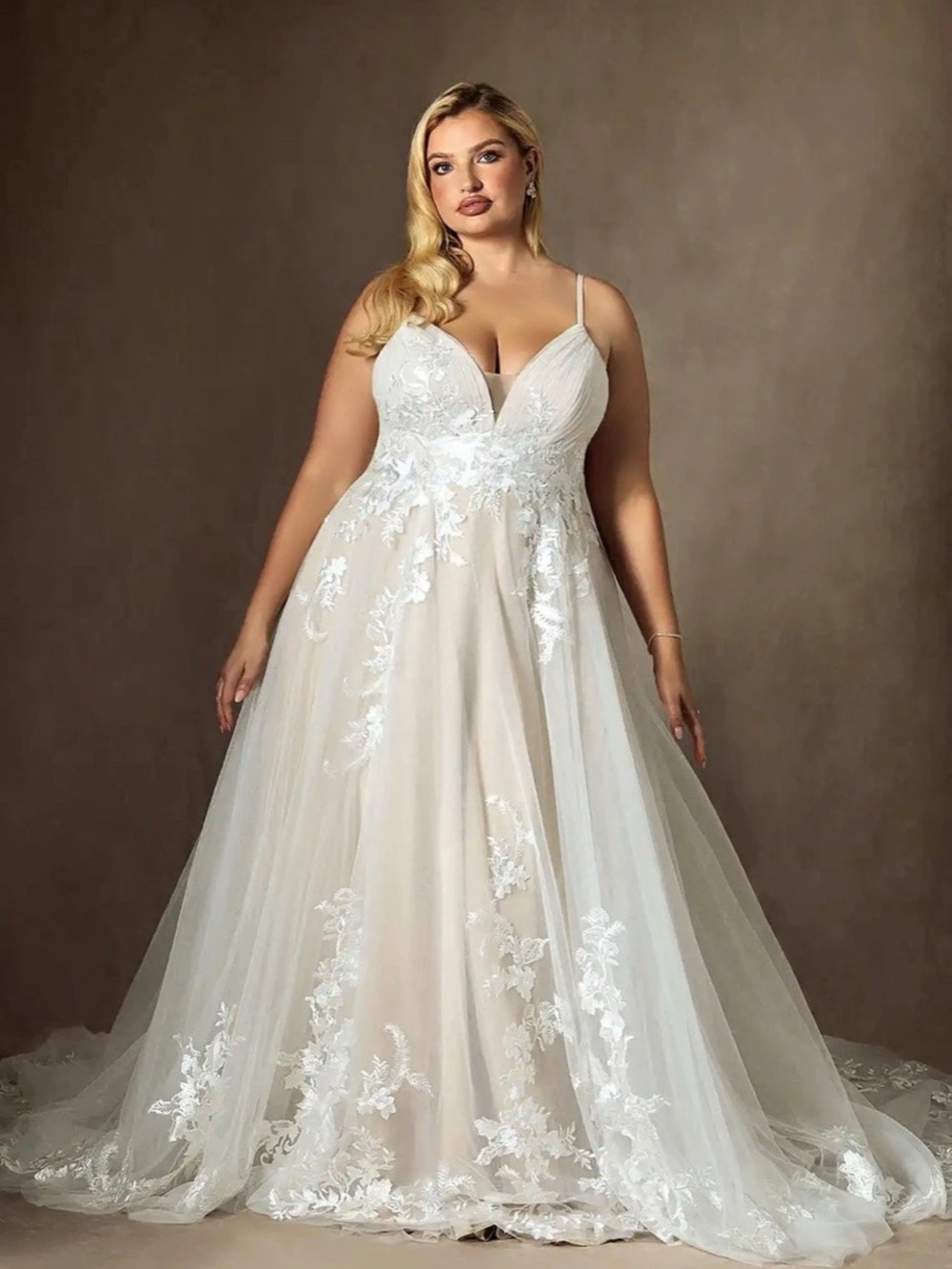 Azazie Diamond White A-Line V-Neck Sequins Tulle Dress
